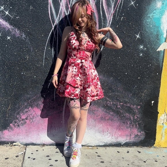 Windsor Bright Floral Mini Dress – Red Pink Backless Tie Plunge | Size 3/4 & 5/6 - Picture 1 of 16